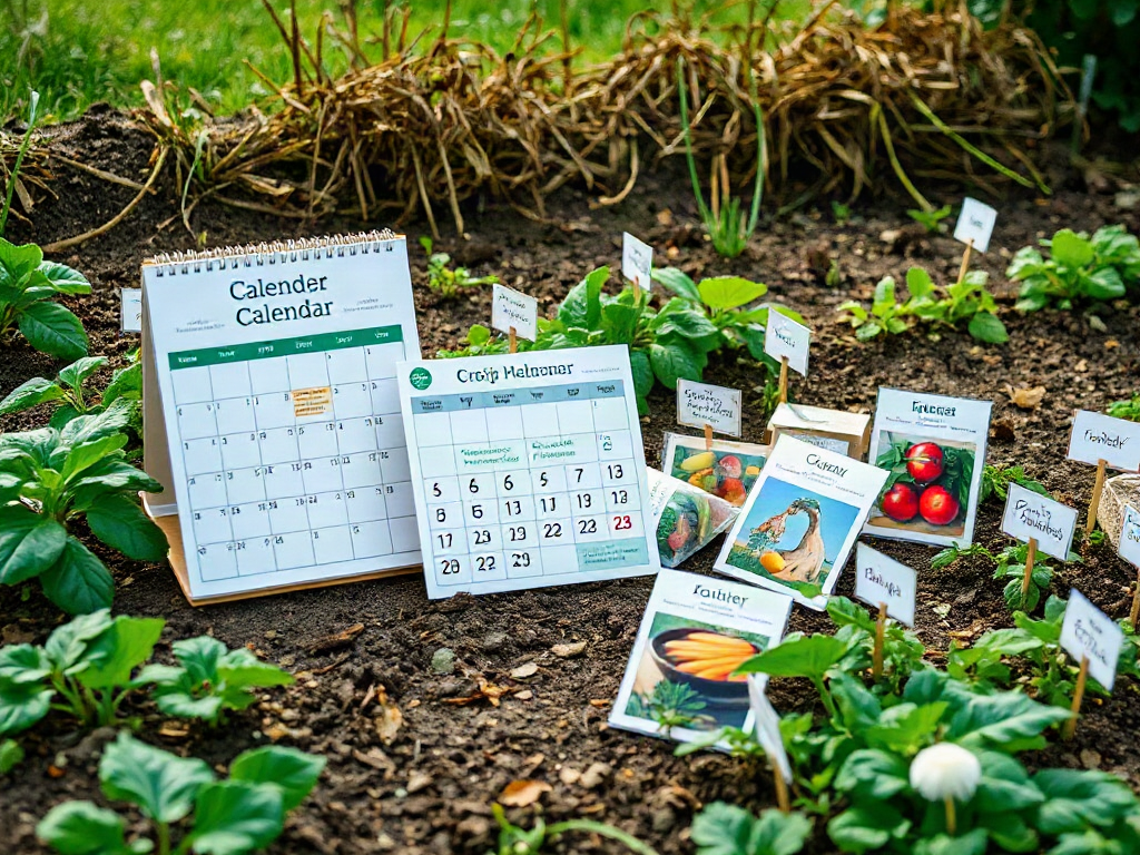 Crop calendar and seed packets arranged beside labeled rows in a homestead garden