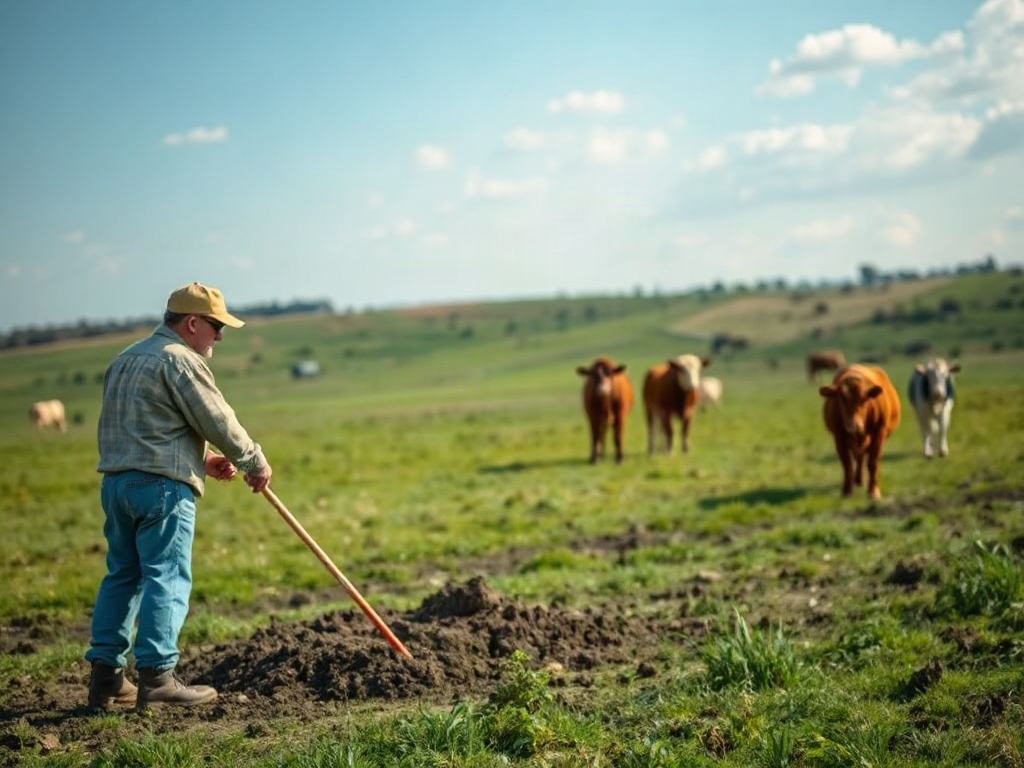 Farmer examines a soil profile beside cattle grazing on rolling pasture
