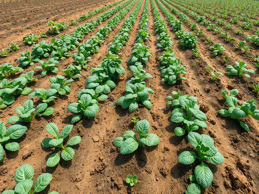 Widely spaced vegetable rows with shallow cultivated soil on a dry homestead plot