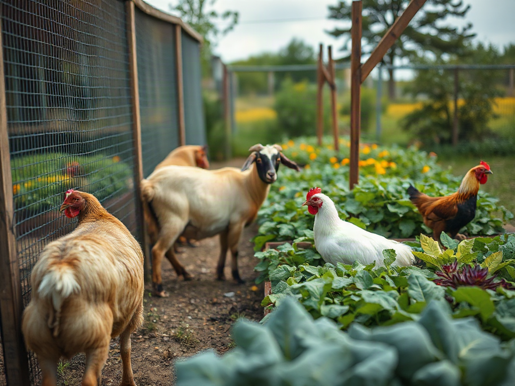 Goats and chickens in adjacent enclosures beside a mesh-fenced vegetable garden