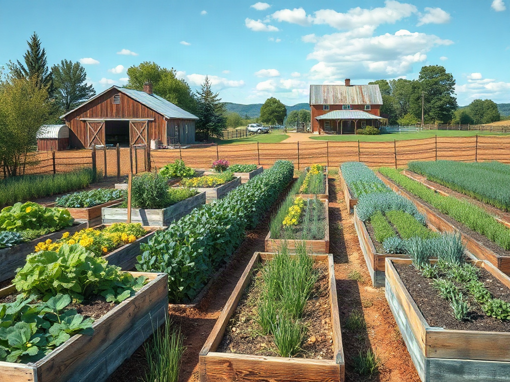 Raised vegetable beds beside long crop rows, tools, fencing, and a farmhouse