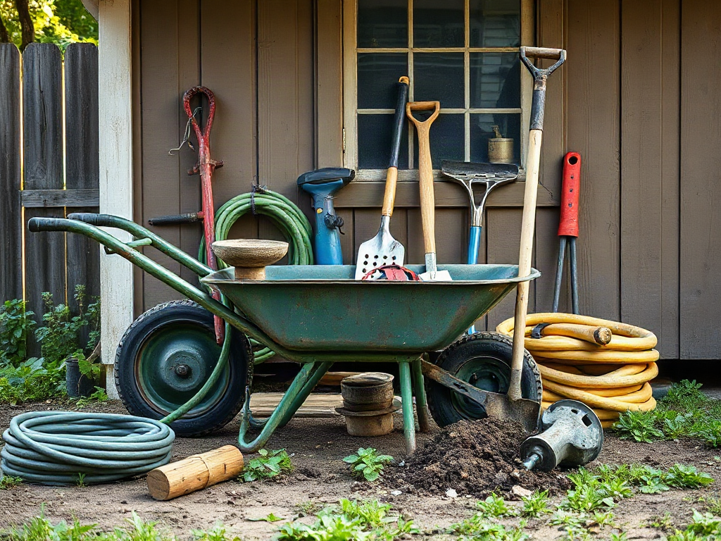 Wheelbarrow, digging tools, hoses, and repair kit beside a garden shed