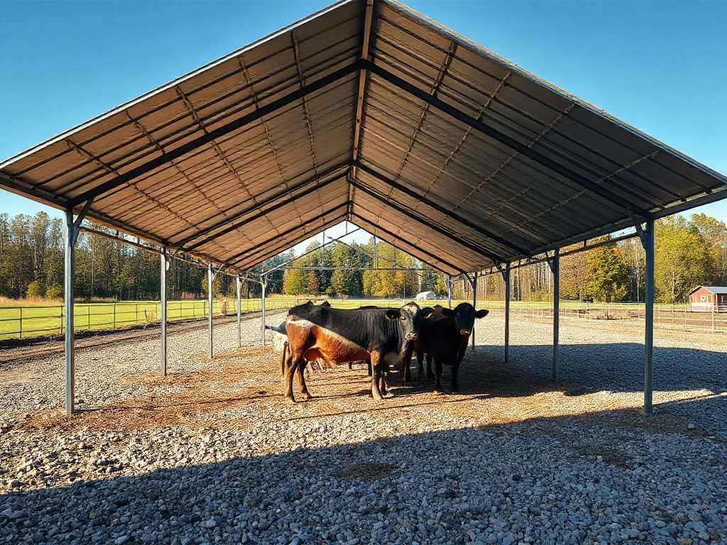 Open-sided livestock shelter on raised gravel with gutters, bracing, and adjustable curtains