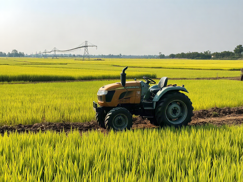 Compact tractor beside a small leveed rice field with an irrigation gate