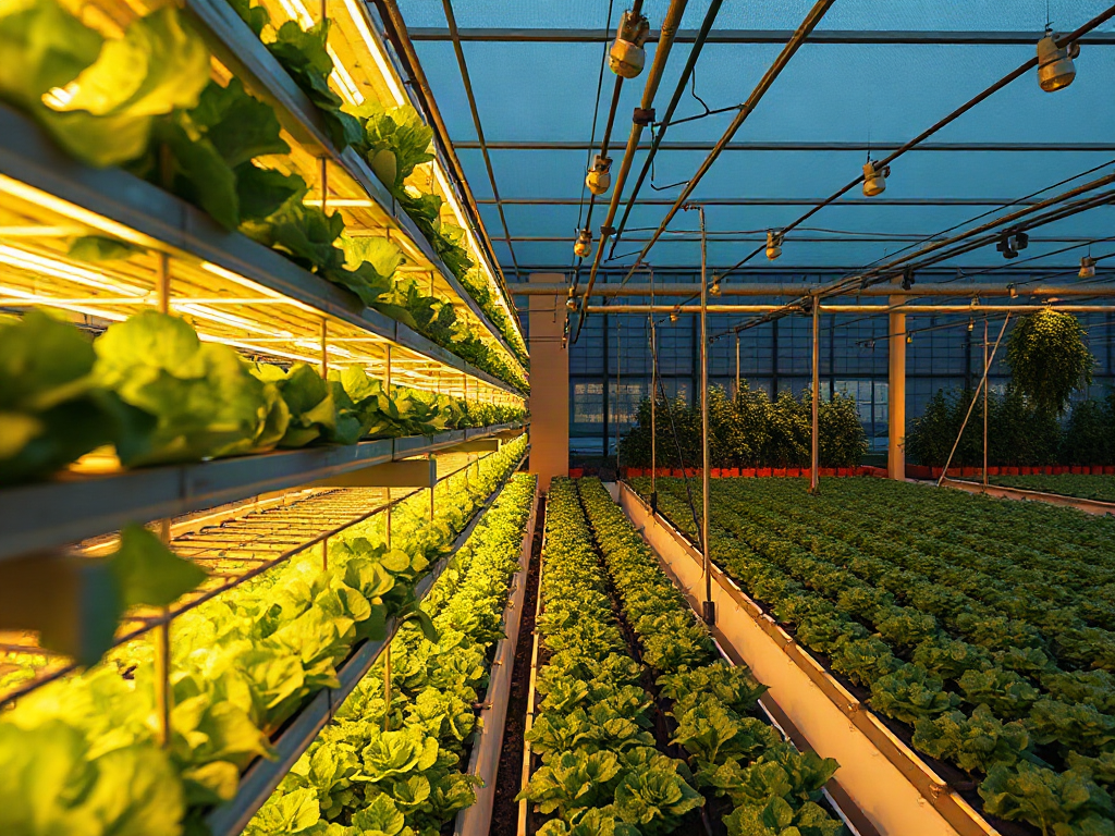 Vertical Farming Compared With Outdoor Food Production Illuminated lettuce shelves overlooking rows of outdoor vegetables and irrigation lines