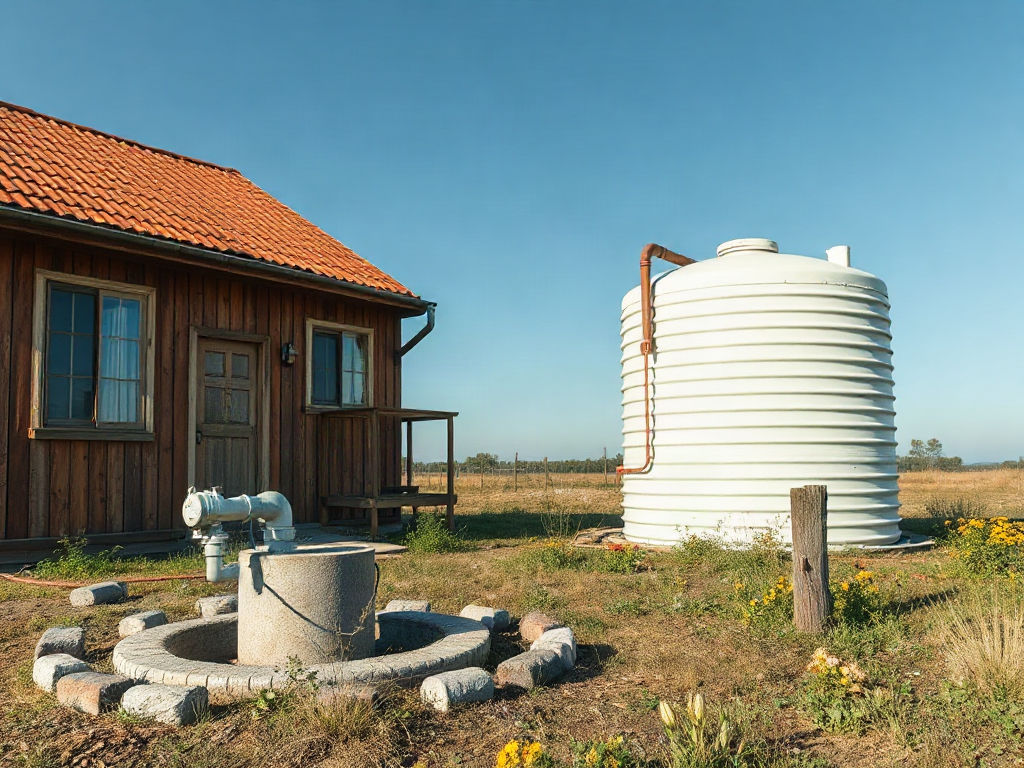 A wellhead and storage tank beside mapped house, barn, and garden sites