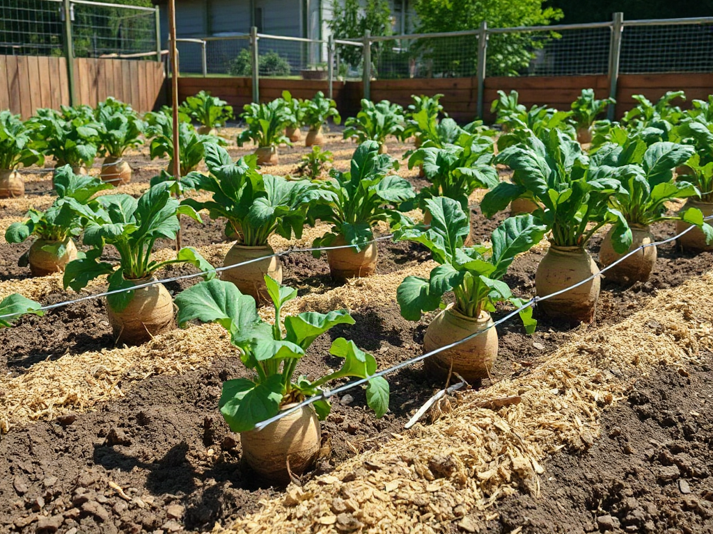 Staked yam vines growing in mulched raised mounds on a sunny garden plot